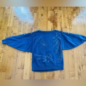 Blue Embellished Knit Sweater with Button-Shoulder Detail